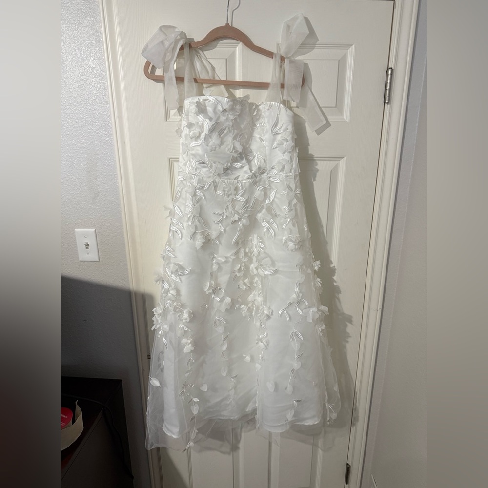 Lulus White Tea Length Dress with Floral Appliqué